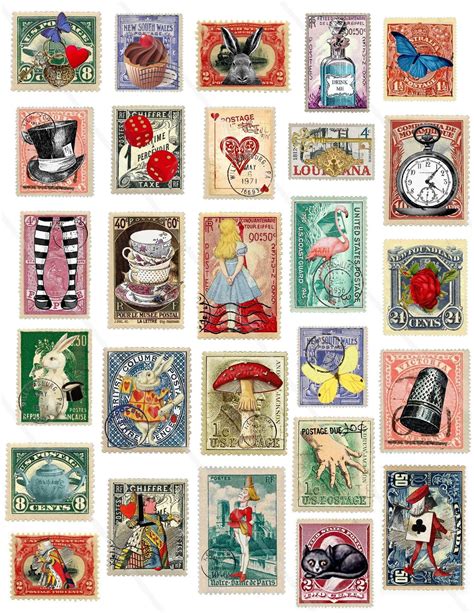 printable stamps alice in wonderland ephemera junk journal etsy postage stamp design