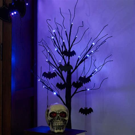 2 Ft Black Halloween Tree With 24 Purple Lights And 8 Bat Halloween