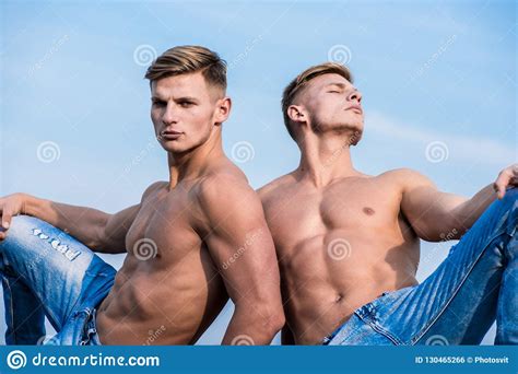 Attractive Twins Relaxing Men Muscular Chest Naked Torso Sky Background Masculinity And