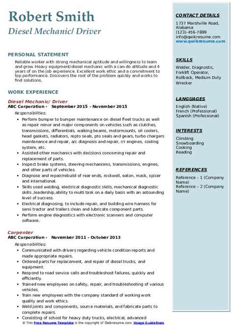 Download Free Diesel Mechanic Driver Resume Docx Word Template On