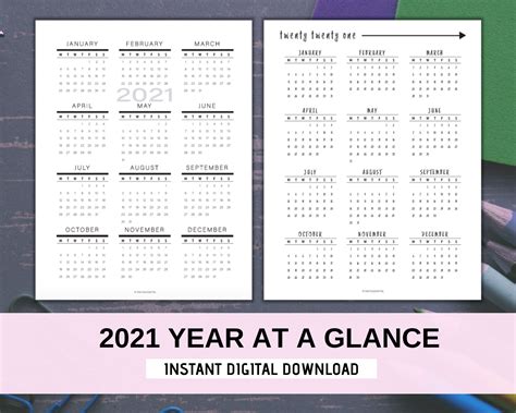 2021 Year At A Glance Printable Yearly Overview Calendar Etsy Riset