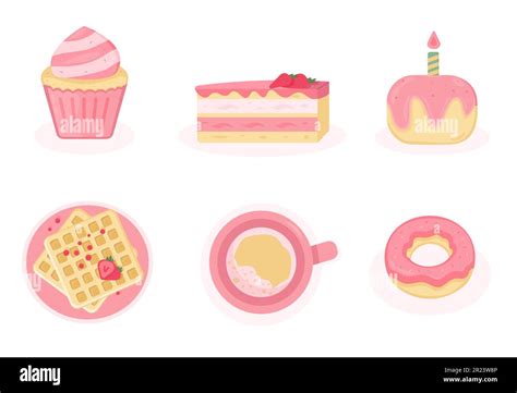 sweet pink desserts flat design style vector illustration cake muffin coffee waffles stock