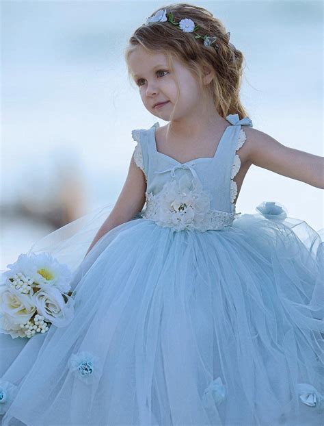 Light Blue Tulle Flower Girl Dresses Applique Popular Little Girl