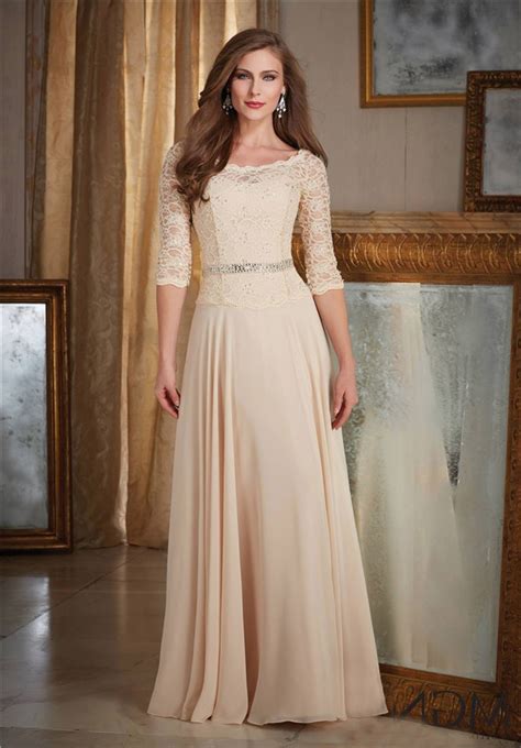 Bateau Neckline Long Champagne Chiffon Lace Mother Of The Bride Evening