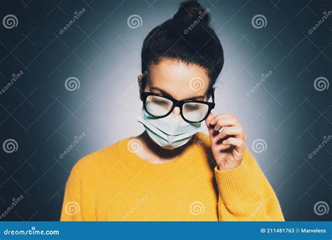 Female With Foggy Glasses Caused By Wearing Medical Face Mask Stock Image Image Of Health
