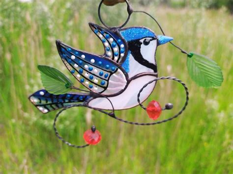 Blue Jay Stained Glass Bird On A Branch Bird T Window Etsy