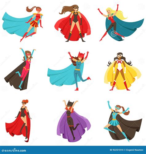 Female Superheroes In Classic Comics Costumes With Capes Set Of Smiling