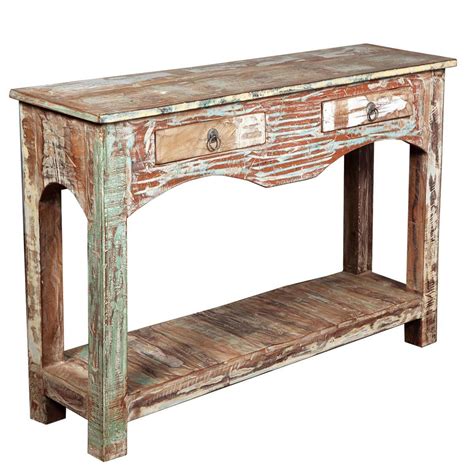 Distressed Reclaimed Wood 2 Drawer Console Hall Table