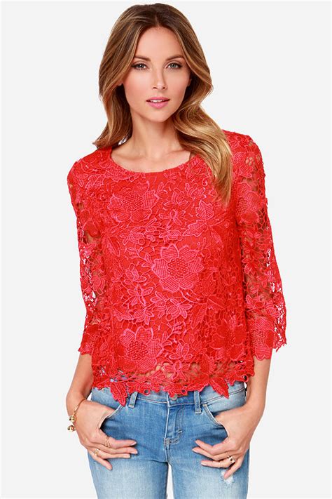 Pretty Red Top Long Sleeve Top Lace Top 3200