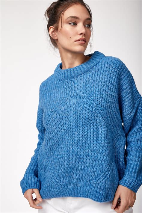Womens Blue Wool Sheer Turtleneck Sweater Beren Store