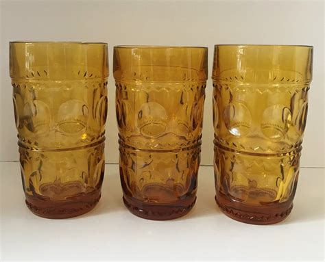Set Of 3 Amber Tumblers Color Crown Amber Kings Crown Vintage Colony Glass Indiana Glass