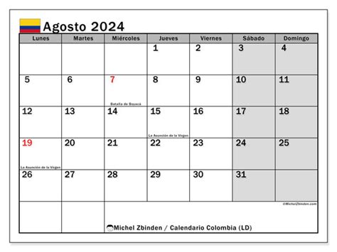 Calendario Agosto 2024 Colombia Ld Michel Zbinden Co