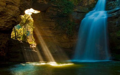 Download Waterfall Sunbeam Nature Cave Hd Wallpaper