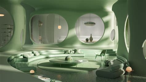 Retro Futuristic Monochromatic Living Room Rendering 1920x1080