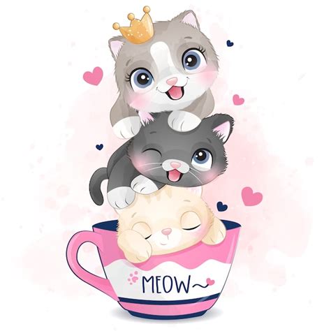 Premium Vector Cute Little Kittens With Watercolor Effect Illustration