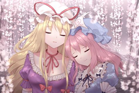 2girls Blonde Hair Bow Breasts Cleavage Flowers Hat Long Hair Minust