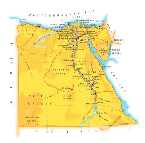 Detailed Elevation Map Of Egypt With Roads Cities And Airports Egypt