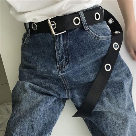 Itgirl Shop Black Canvas Teenagers Grunge Metallic Holes Belt Aesthetic Apparel Tumblr Clothes