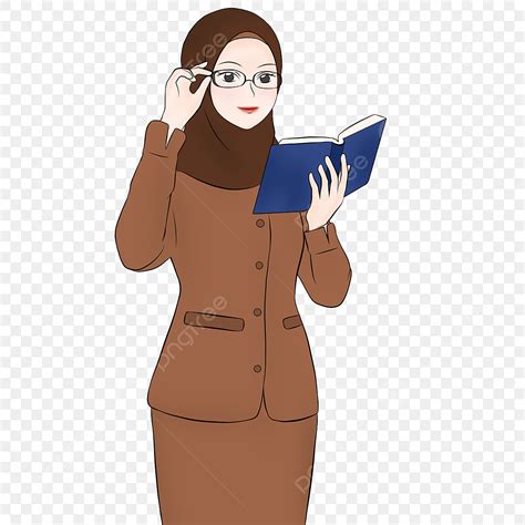 Ilustrasi Guru Wanita Mengenakan Jilbab Dan Seragam Coklat Karakter