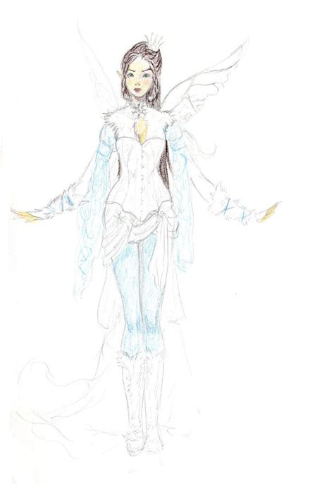 A Drawing Of A Woman Dressed In White With Wings On Her Head And Arms