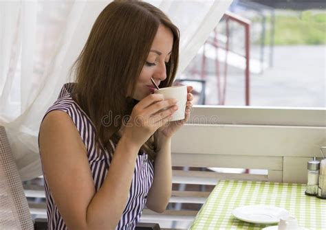 Relaxed Happy Woman With Cup Of Coffee In Cafe Stock Photo Image Of