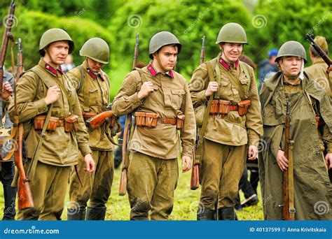 russian soldiers the reconstruction of the battle in military uniform of world war ii