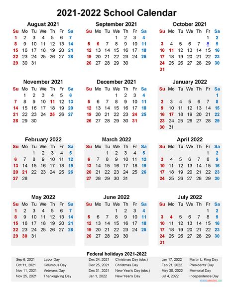 2021 And 2022 School Calendar Printable Portrait Template Noscl22a25