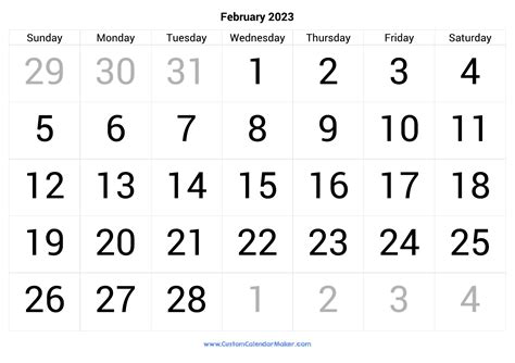 February 2023 Calendar Printable With Large Numbers