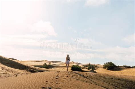 Blonde Woman In Dunes Desert In A Sunny Day Stock Image Image Of