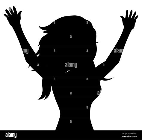 dark silhouette of tousled woman with raised hands over white background stock vector image