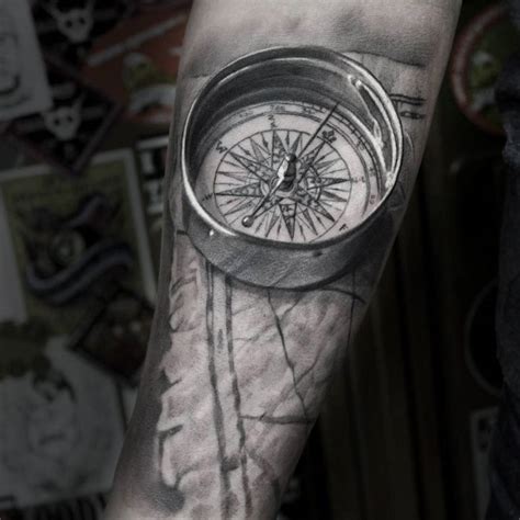 Realistic 3d Compass And Map On Guys Forearm Best Tattoo