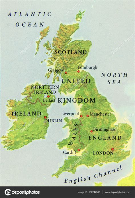 Geographic Map Of European Country Uk With Important Cities Stock Photo