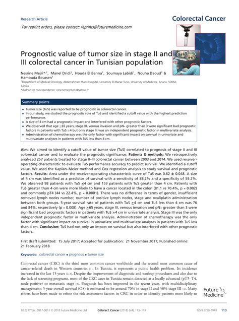 Pdf Prognostic Value Of Tumor Size In Stage Ii And Iii Colorectal