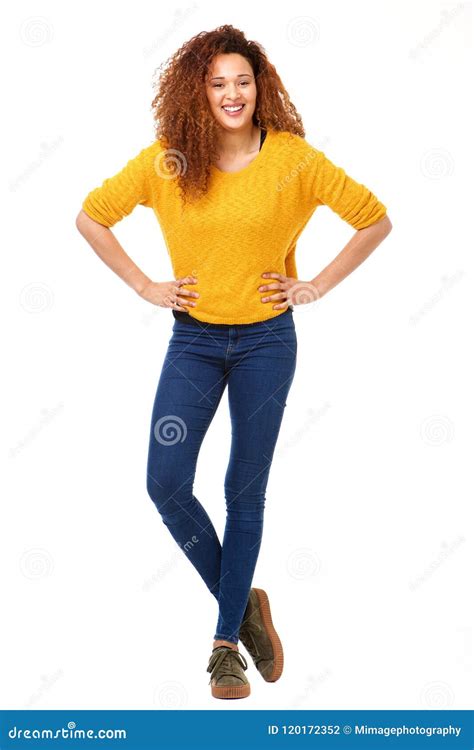 Full Body Confident Happy Woman Standing Against Isolated White