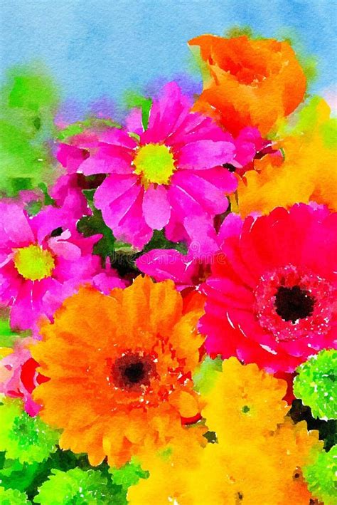 Watercolour Painting Of Vibrant Colourful Flowers Vertical Stock