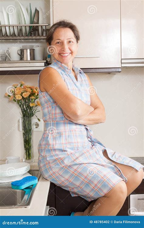 Woman Smiling At Her Big Kitchen Stock Photo Image Of Funny Adult