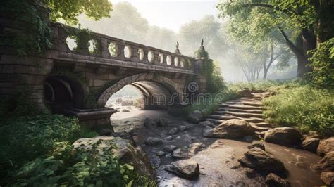 A Painting Of A Bridge Over A Stream In A Forest Stock Image Image Of