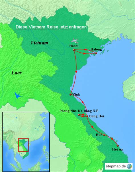 Auf der karte von vietnam finden sie sämtliche orte, die sie eventuell für ihre reiseplannungen benötigen könnten. StepMap - Vietnam Karte: Vietnam Rundreise mit ...