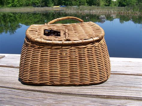 Antique Fishing Basket Brown Wicker Antique Fishing Creel Etsy