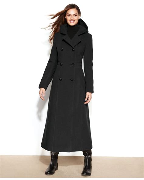Anne Klein Double Breasted Wool Blend Hooded Maxi Coat In Black Lyst