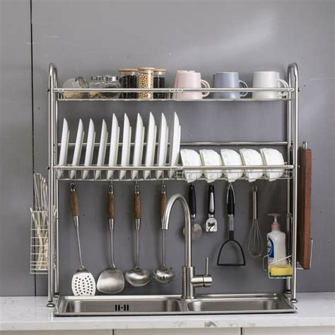 Over Sink Dish Drying Rack 2 Tier Stainless Steel Storage Kitchen Dish