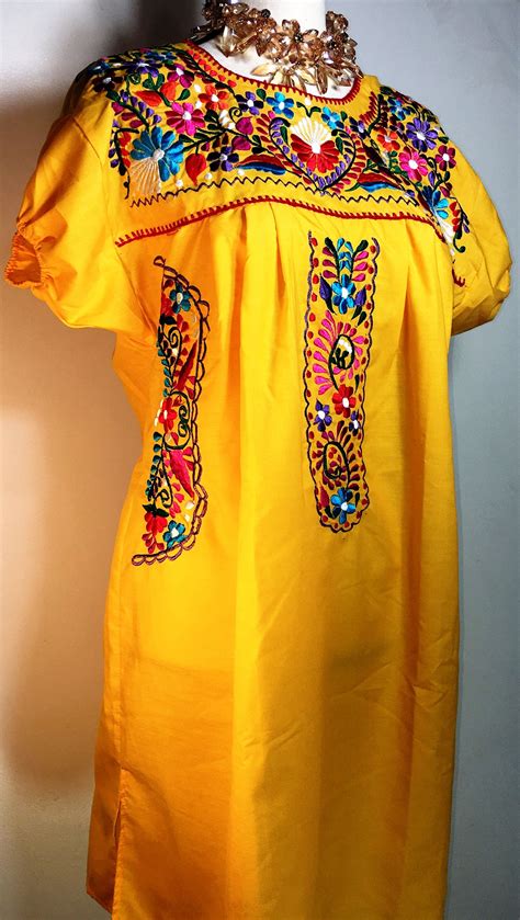 short dress embroidered yellow mexican fiesta floral peasant 5 de mayo size m up to xl mexican