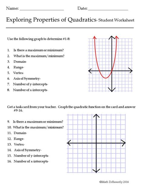 Characteristics Of Quadratic Functions Practice Worksheet Function