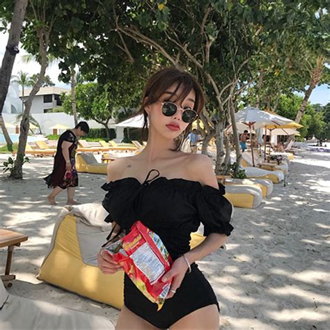Kekaka 2019 Korean Solid Black Off Shoulder One Piece Swimsuit Women Sexy Lace Up Puff Sleeve