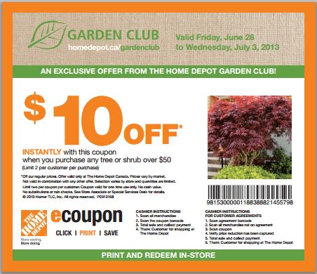 Last winter i received a $25 off a $50 purchase coupon in the mail just for being a member and i've received other cool coupons since then like $10 off a $20 purchase and $5 off a $25 purchase. The Home Depot Garden Club Coupon: Get $10 Off | Canadian ...