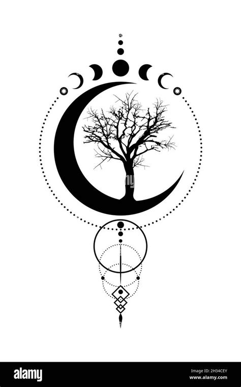 The Moon And Tree Are Depicted In This Black And White Drawing