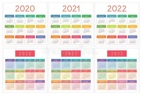 Calendar Grid For 2020 2021 And 2022 Years Stock Vector Illustration