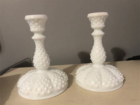 Fenton Milk Glass Hobnail Candle Holders 7 Inches Tall Etsy