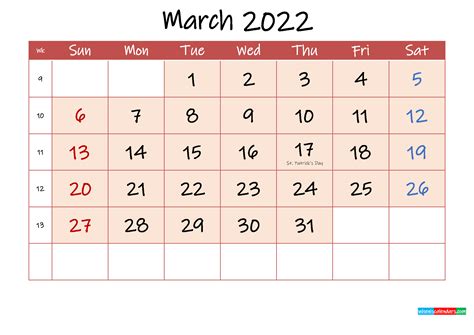 March 2022 Free Printable Calendar With Holidays Template Ink22m111