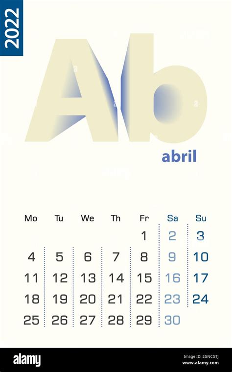 Minimalist Calendar Template For April 2022 Vector Calendar In Spanish